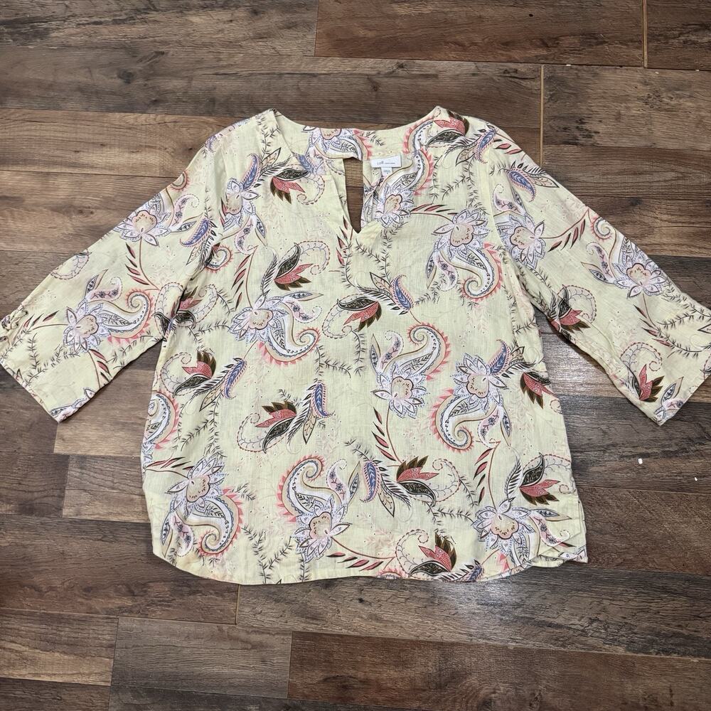 J. Jill Love Linen Paisley Floral Top Sz M Yellow Romantic Feminine Coastal